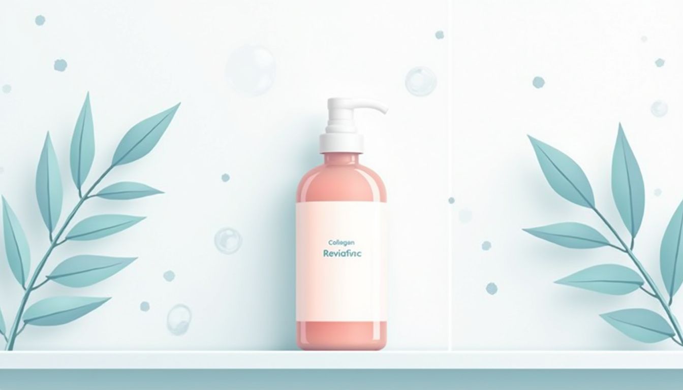 Een platte vectorillustratie van een enkele RevitalTrax collageensupplementfles op een badkamerblad.