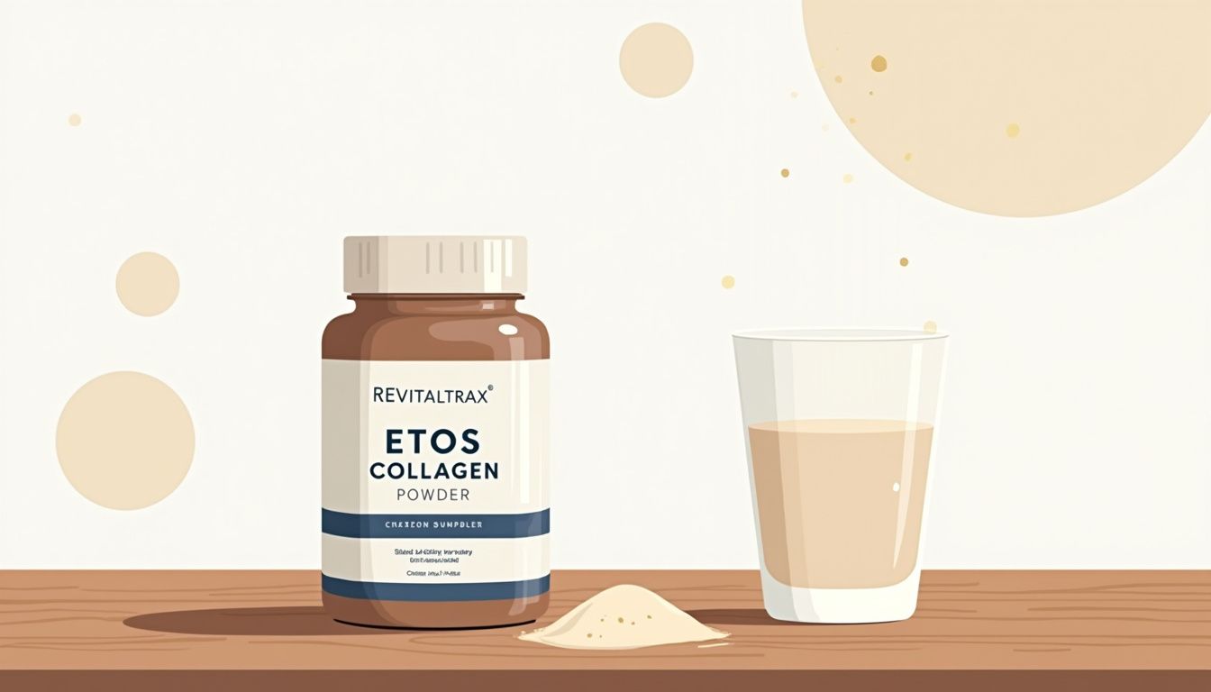 Een minimalistische flat vector illustratie van Revitaltrax Etos collageen poeder.