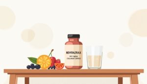 Een illustratie van een open fles Revitaltrax Anti-Aging Collagen Complex.