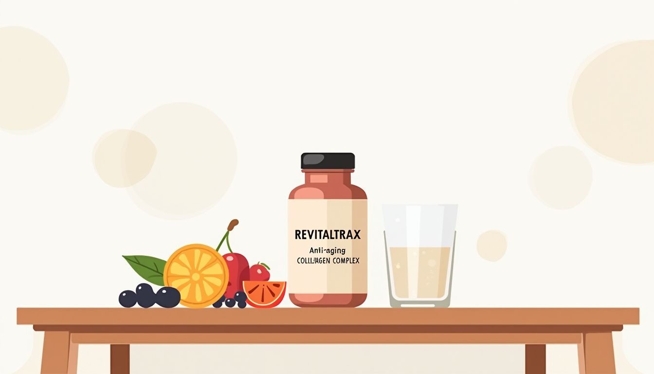 Een illustratie van een open fles Revitaltrax Anti-Aging Collagen Complex.