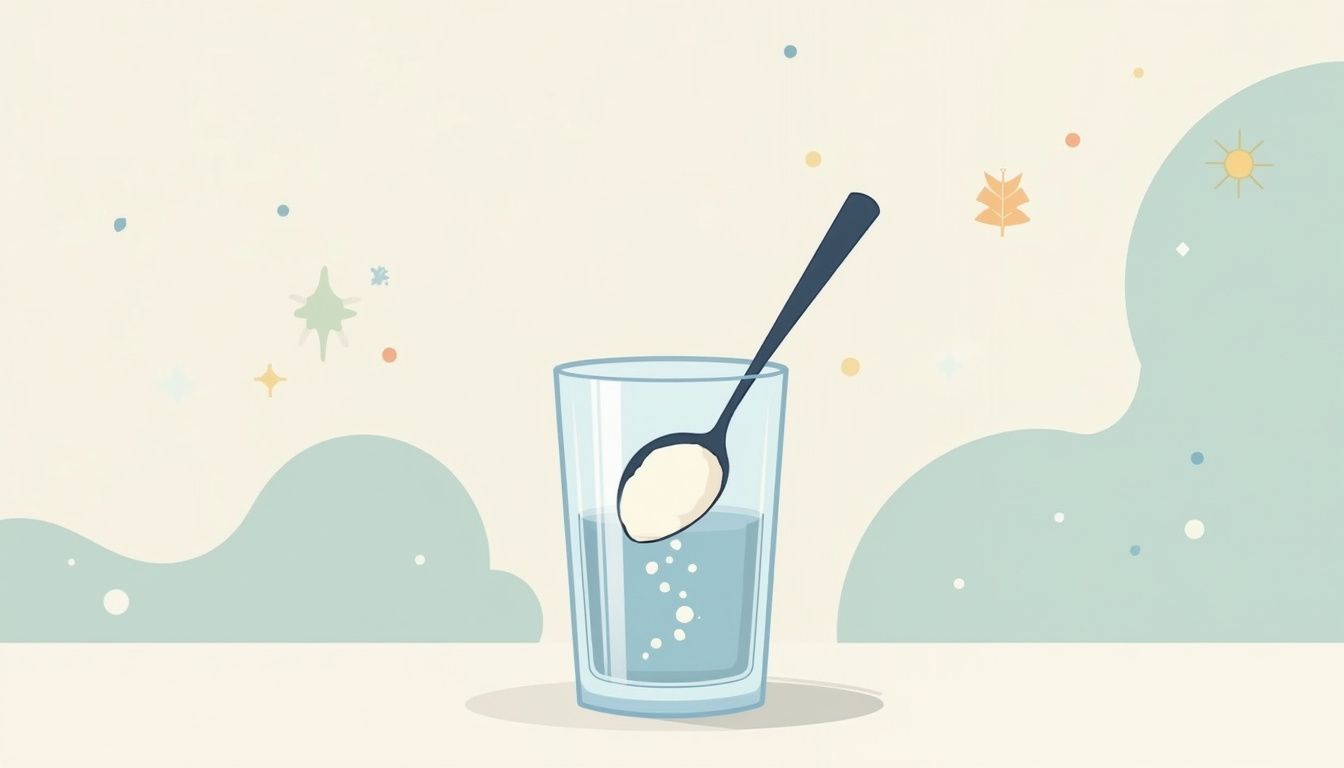 Een minimalistische illustratie van een glas water met opgelost collageenpoeder.