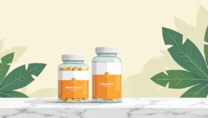 Een minimalistische illustratie van een glazen pot RevitalTrax collageenpoeder en een flesje vitamine C naast elkaar op een marmeren aanrecht.