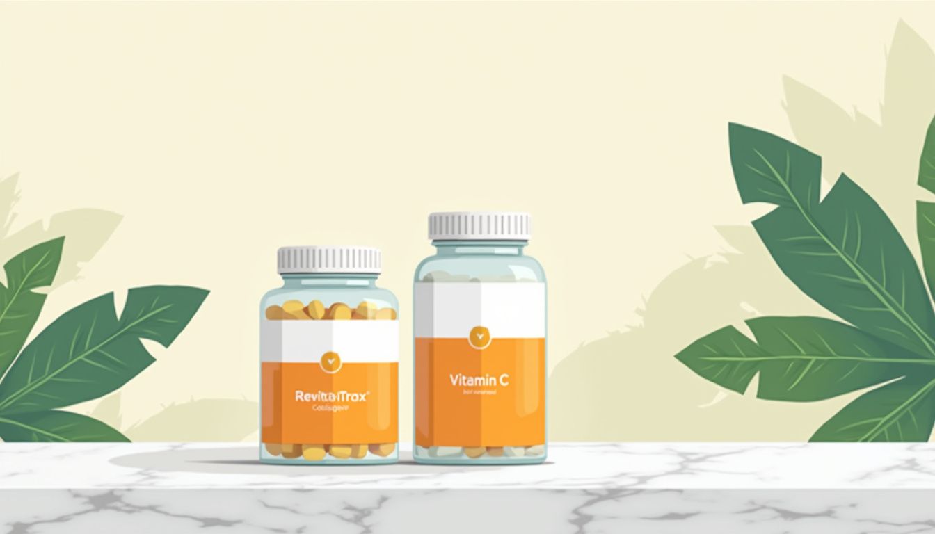 Een minimalistische illustratie van een glazen pot RevitalTrax collageenpoeder en een flesje vitamine C naast elkaar op een marmeren aanrecht.