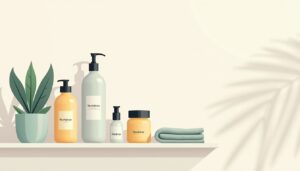 Een minimalistische badkamerplank met Revitaltrax huidverzorgingsproducten en planten.
