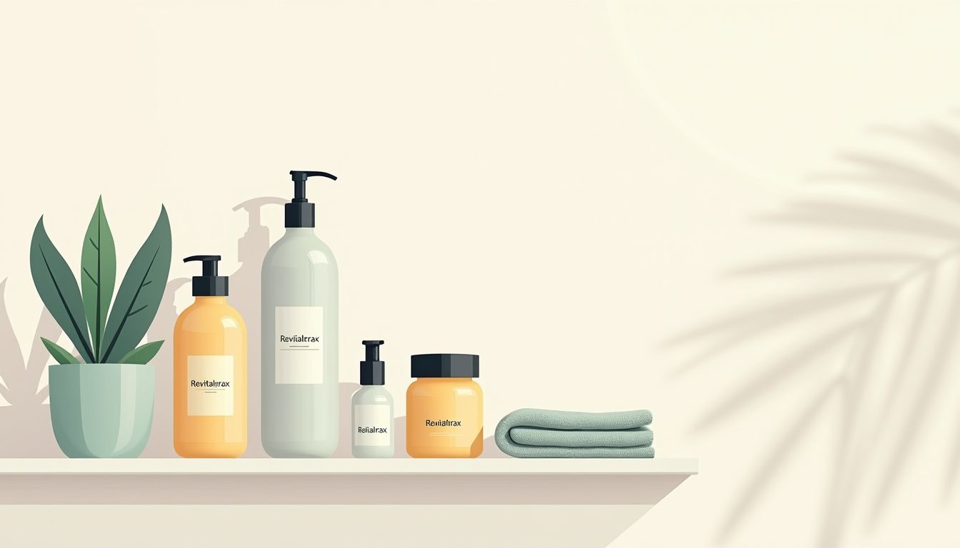 Een minimalistische badkamerplank met Revitaltrax huidverzorgingsproducten en planten.