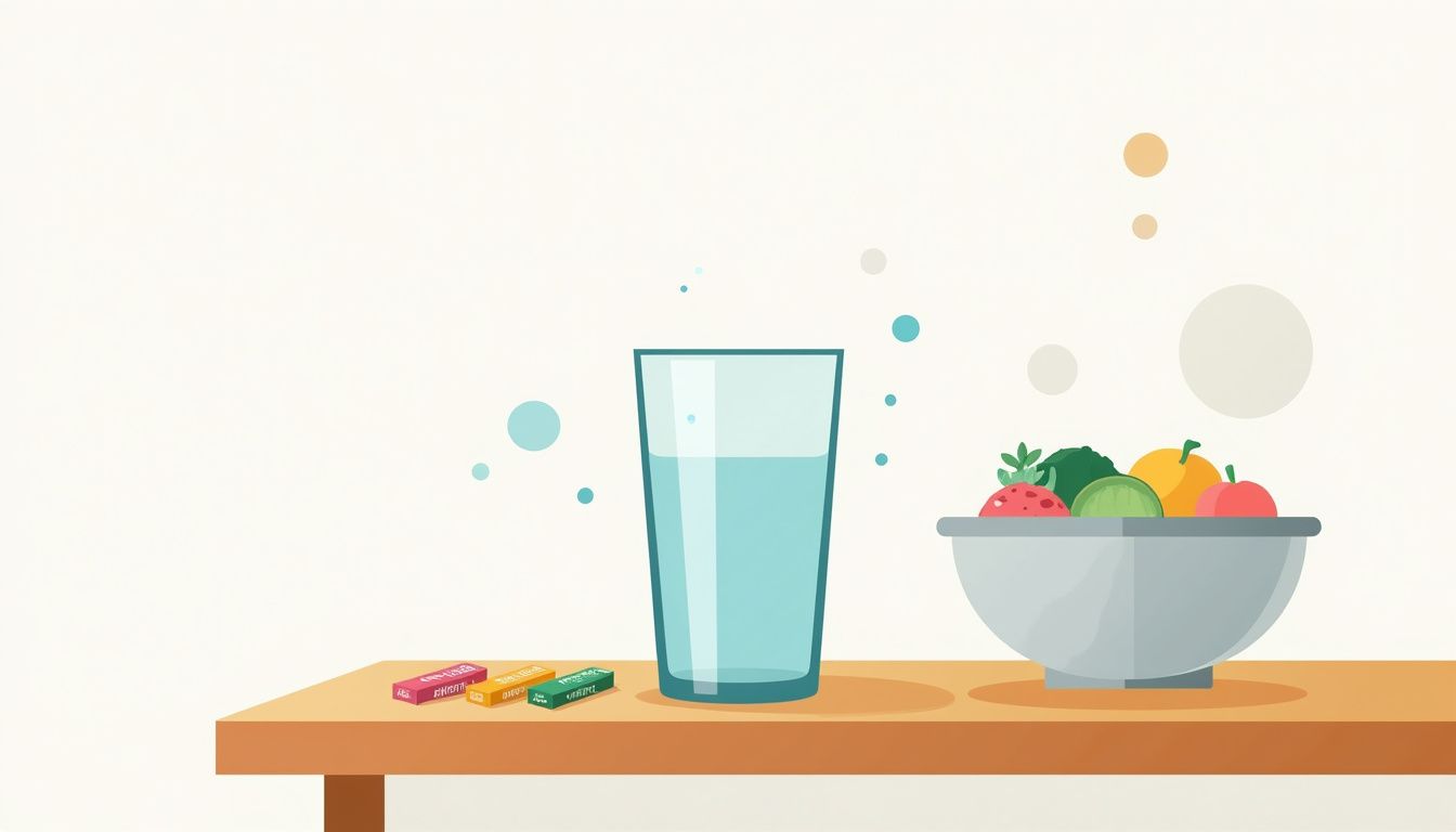 Een minimalistische vectorillustratie van een glas water, fruit en RevitalTrax-sticks.