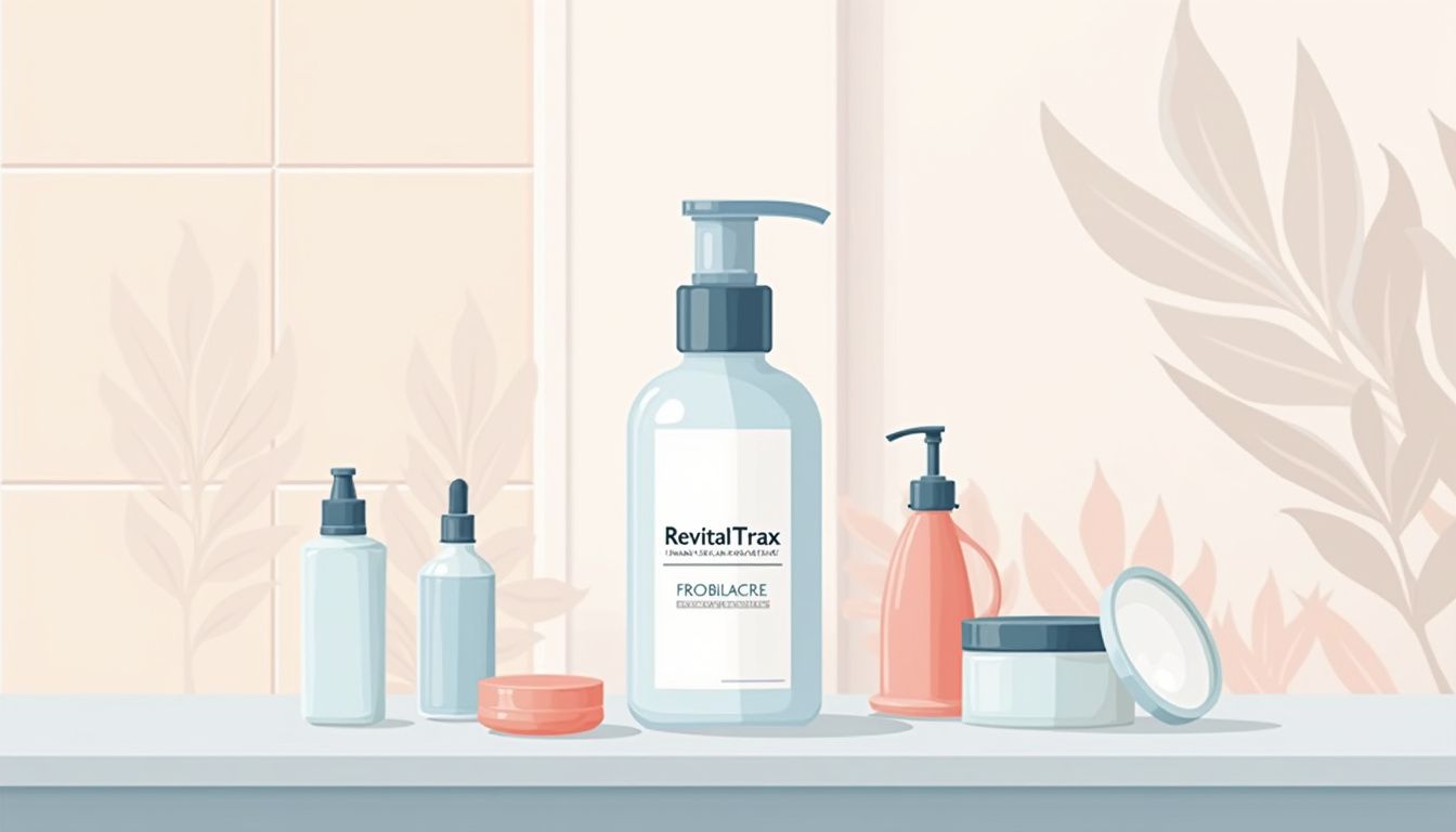 Een minimalistische illustratie van een anti-aging collageen complex fles op een moderne badkamerblad.