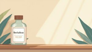 Een minimalistische illustratie van een Revitaltrax collageensupplementfles op een houten plank.